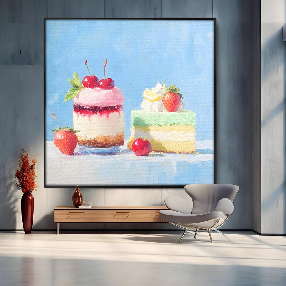 Tablou canvas cu pictura cu prajituri si fructe, in rama de aluminiu negru